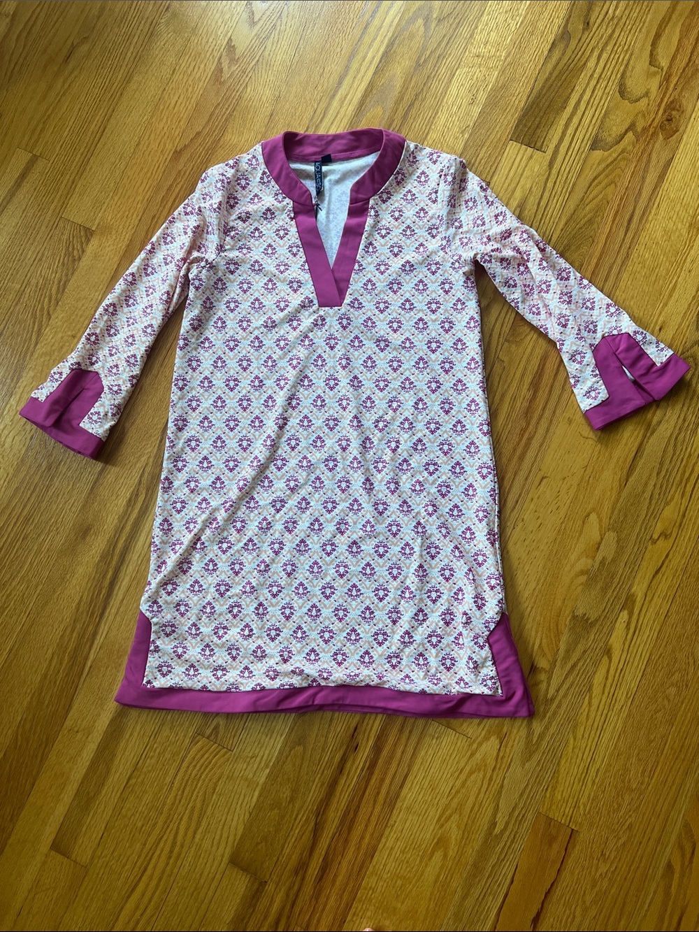 Women's Pink Patterned Cover up-sun dress with Magenta Trim